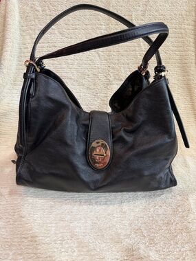Coach Black Leather Shoulder Bag with Turn-Lock Accent